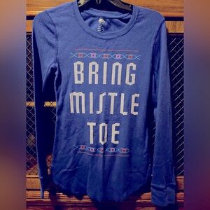 Christmas Blue Long Sleeve 'Bring Mistletoe' Womens Shirt size Medium